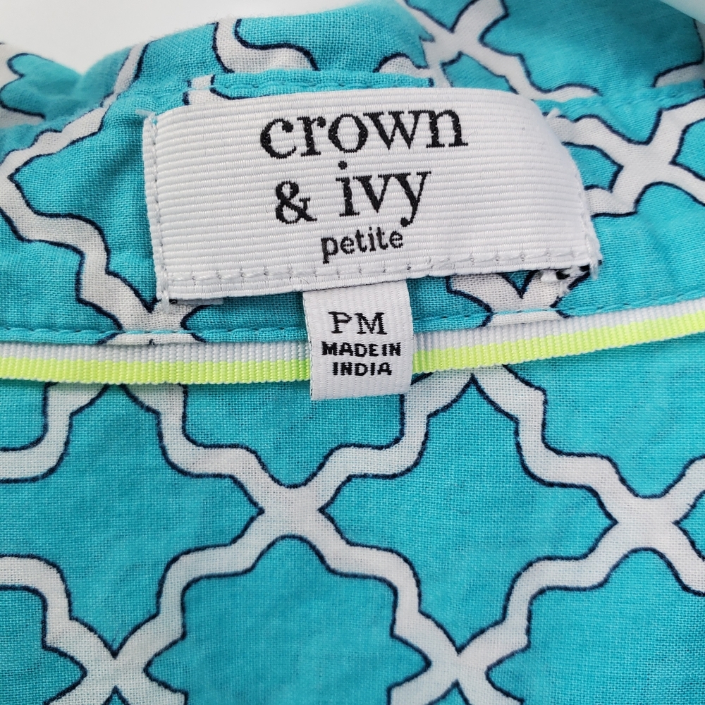 Crown & Ivy Teal Print Button Up Shirt Boho Preppy - Picture 4 of 5